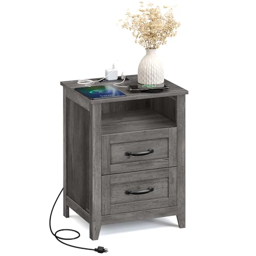 VASAGLE LIRY Collection - Farmhouse Nightstand with Charging Station, Bedside Table, Side Table with 2 Drawers, Open Compartment, for Bedroom, Misty Gray ULET669G01 - color: Misty Gray, size: 1 PACK, style: 17.7"W x 23.6"H With 2 Drawers
