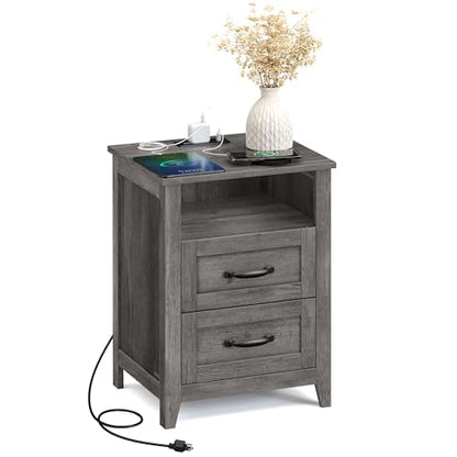 VASAGLE LIRY Collection - Farmhouse Nightstand with Charging Station, Bedside Table, Side Table with 2 Drawers, Open Compartment, for Bedroom, Misty Gray ULET669G01 - color: Misty Gray, size: 1 PACK, style: 17.7"W x 23.6"H With 2 Drawers
