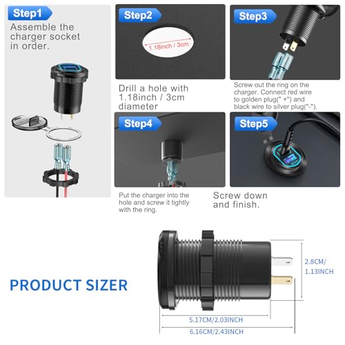 2 Pack 12V USB C Outlet PD 100W Car USB Port for Laptop and QC3.0 18W Car Charger Socket Aluminum Alloy, Fast Charging Cigarette Lighter Replacement DIY Accessary for RV MarineTruck Boat Golf