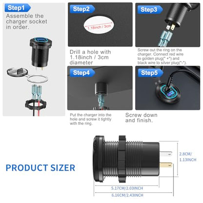 2 Pack 12V USB C Outlet PD 100W Car USB Port for Laptop and QC3.0 18W Car Charger Socket Aluminum Alloy, Fast Charging Cigarette Lighter Replacement DIY Accessary for RV MarineTruck Boat Golf