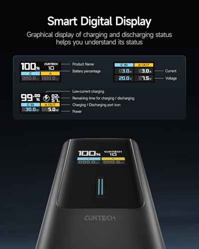 CUKTECH 100W Power Bank, 10000mAh Portable USB C Charger with Smart TFT Display, PD3.0 Fast Charging Compatible iPhone 16/15 Series, Samsung Galaxy S24/S23, iPad Air/Pro, MacBook, Dell etc.