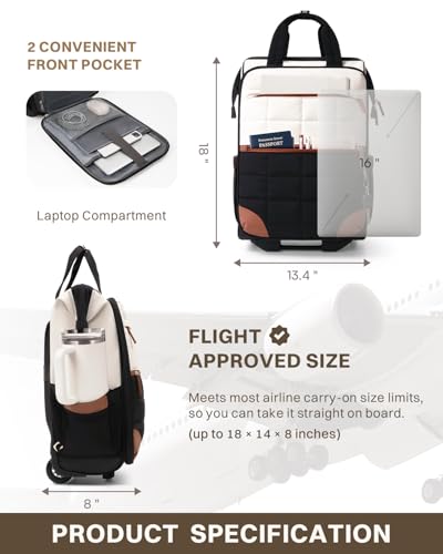 Rolling Puffer Backpack for Women, Wheeled Laptop Backpack, Short-Term Travel Backpack with Wheels, Roller Adults Work Computer Bag, Water Resistant Overnight College Underseat Carry on Luggage, Brown - color: Brown