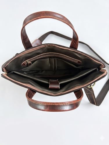 Genuine Leather Laptop Bag for Men & Women – 3 Compartment Briefcase with Padded Sleeve, 15.5 Inch Office Bag - color: Brown