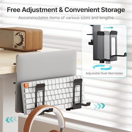 Laptop Stand Vertical, 2-Slot Under Desk Laptop Holder, Black | Desk Side Storage with Headphone Holder, Laptop Organizer for Office Gaming - color: Black