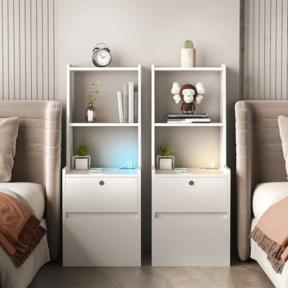 Set of 2 Modern Smart Nightstand with Night Light & Charging Station, Night Stand with Bookshelf, Lockable Bedside Cabinet Tables with 2 Storage Drawers for Bedroom Home Office - color: White-2pcs