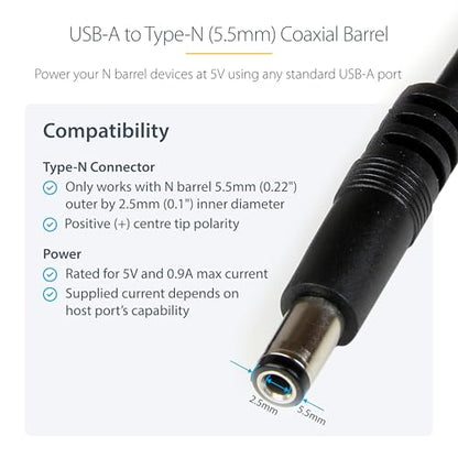 StarTech 1m USB to Type N Barrel 5V DC Cable, 5.5mm (USB2TYPEN1M) - size: 3 ft / 1m, style: Type N