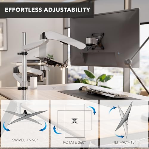 Mount-It! CLiX Monitor & Laptop Desk Mount w/Cooling Fan, Silver | TAA-compliant gas spring arm fits 13-32" monitor + 17" laptop, VESA 75x75/100x100, full motion aluminum, dual-screen ready.