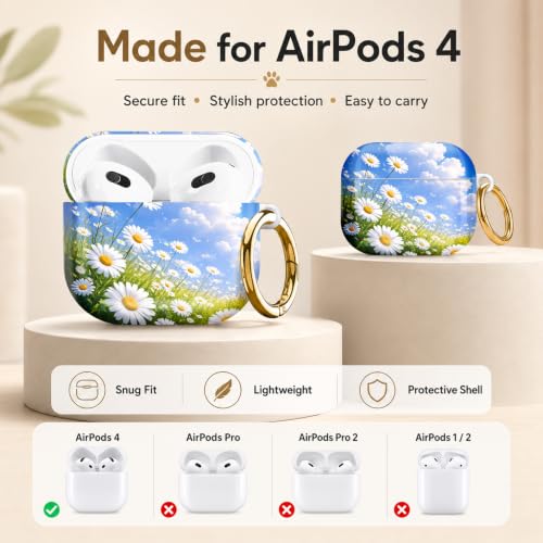Compatible with AirPod 4 Case 2024, Cute Hard Plastic Protective Cover for Airpod 4th Generation Women, Shockproof Shell Skin with Gold Ring Keychain,Daisy Field Sky Clouds Green - color: Daisy Field Sky Clouds Green
