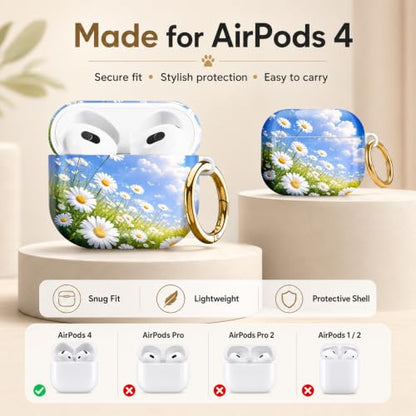 Compatible with AirPod 4 Case 2024, Cute Hard Plastic Protective Cover for Airpod 4th Generation Women, Shockproof Shell Skin with Gold Ring Keychain,Daisy Field Sky Clouds Green - color: Daisy Field Sky Clouds Green