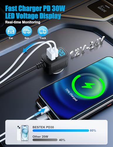 BESTEK 9 in 1 Cigarette Lighter Splitter 148W 3-Socket Car Cigarette Lighter PD30W and 4 USB-A QC3.0 18W with LED Display 12V/24V Cigarette Lighter Adapter for Dash Cam, GPS, iPad/Laptop/Phone - color: Black-1