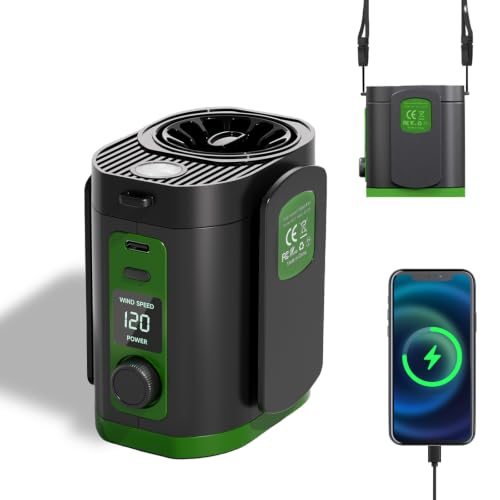 Portable Fan,120-Speed Adjustable Waist Clip Fan Turbo Cooling, Rechargeable Clip-On Personal Fan with LED flashlight,for Outdoor,Travel,Camping - color: Green