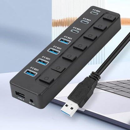 7 Port USB3.0 Adapter with 3 Type C and Individual Switches 5Gbps Fast Data Transfer Expansion Dock for Laptops PC