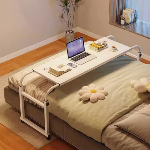 Overbed Table with Wheels, Overbed Desk with Adjustable Length and Height, Rolling over Bed Desk, over the Bed Table on 4 Lockable Wheels Heavy Duty Laptop Tables for Home Office Hospital Bedroom