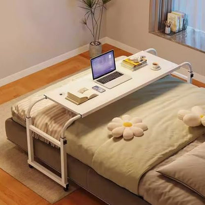 Overbed Table with Wheels, Overbed Desk with Adjustable Length and Height, Rolling over Bed Desk, over the Bed Table on 4 Lockable Wheels Heavy Duty Laptop Tables for Home Office Hospital Bedroom