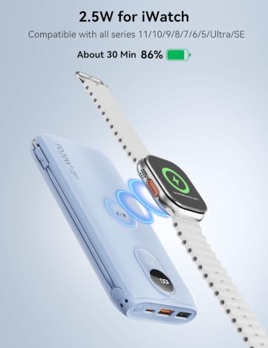 Portable Charger 10000mAh 20W, Wall Plug, 2 Cables, iWatch Charging | Digital Display, Compact Lightweight, USB C Fast Charge, USB-A 18W, Multi Protection, Travel Essential, for iPhone 17 16, Pad - color: Mist Blue