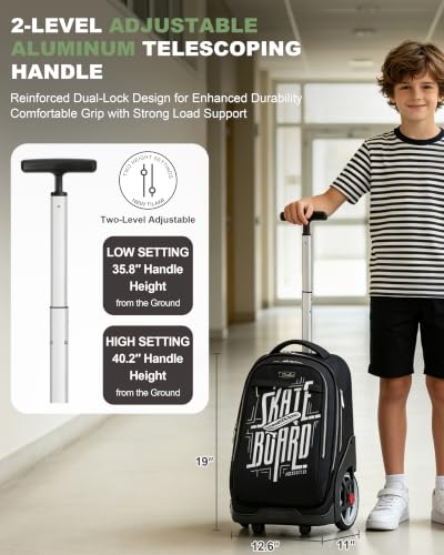 NEW TILAMI 19 Inch Rolling Backpack with Lunch Bag School Stair-Climbing | Stair-Climbing Teen Boys Girls Carry-on Suitcase Large Compartment 15.6 Laptop Sleeve Adjustable Handle Roller Travel Bag - color: Skate Board