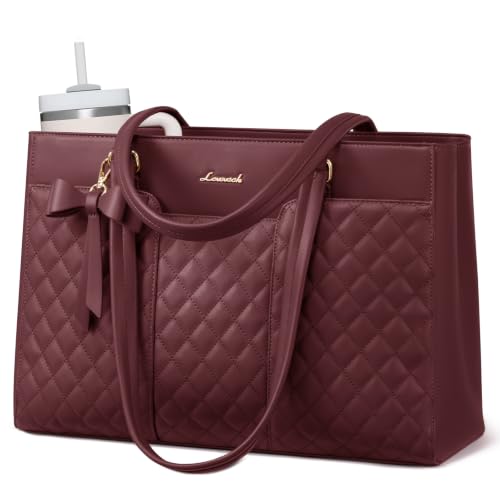 LOVEVOOK Laptop Tote Bag for Women,15.6 Inch Work Bags PU Leather Teacher Tote Bag,Waterproof Quilted Computer Bag for Office Professional Briefcase Gifts - color: Claret-a, size: 15.6 Inch