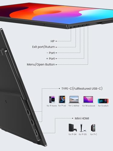 UPERFECT Portable Monitor 15.6", 125% sRGB Ultra-Slim Laptop Monitor with Protective Sleeve, Built-in Adjustment Stand | Speaker | VESA, HDMI USB-C Plug & Play Second Screen for Phone Game Console - size: 15.6-inch