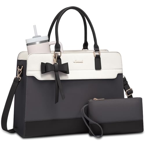 LOVEVOOK Laptop Tote Bag for Women,Leather Work Bag, Waterproof Business Teacher Bag,Large Computer Handbag Purse Briefcase,Office Gifts for Women - color: Grey-white-black, size: 15.6 Inch