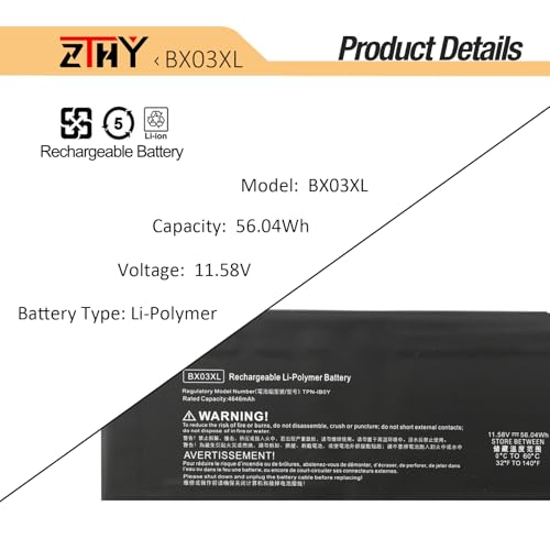 BX03XL Laptop Battery Replacement for HP ZBook Firefly 14 16 G11 Series | EliteBook 830 835 840 845 860 865 G11 Series BX03056XL TPN-IB0Y HSTNN-OB3H N59733-AC1 N59787-005 N59733-171 11.58V 56.04Wh - size: 9.84*3.35*0.28 inch BX03XL