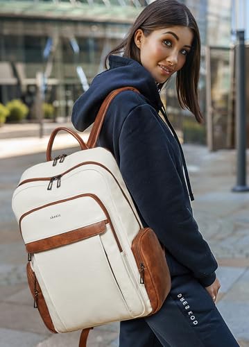 17 inch Laptop Backpack for Women, Leather Computer Backpack Purse - color: Beige