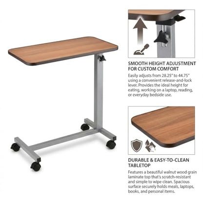 NOVA Overbed Table with Locking Swivel Wheels, Height Adjustable, Walnut Wood Grain Top, Heavy-Duty Steel Base, Easy Assembly, Bedside Laptop & Meal Table - style: Standard
