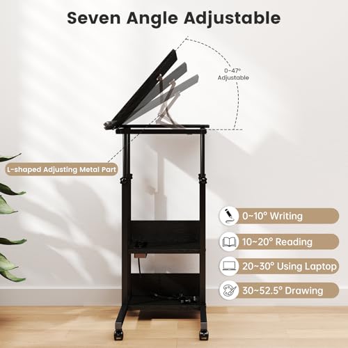 Hadulcet Adjustable C Table with Charging Station, Tiltable Desk C Shaped End Table for Couch, Over Bed Stand with Wheels Adjustable Height, Hospital Table Laptop Stand Drawing Desk, Black - color: Black, style: Upgrade