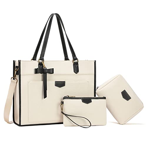 Keyli 3pcs Laptop Bag for Women,15.6 Inch Canvas Tote Bag Work Bags Large Business Computer Briefcase Shoulder Handbag Purse - color: White_3pcs