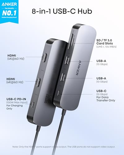Anker Nano Laptop Docking Station Dual Monitor,8-in-1 USB C Hub for Windows | Dual 4K@60Hz HDMI Dock, 10Gbps USBC & USBA Data Ports, 85W PD, SD/TF Card Reader, for Dell, Lenovo, HP (Charger Not Included)