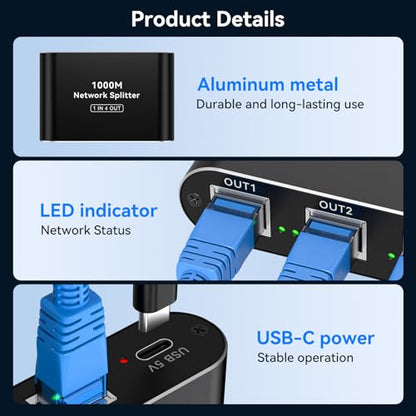 THXCDBID Ethernet Splitter 1 to 4 1000Mbps LAN Splitter Network Switch Ethernet Switch Suitable for Cat6/7/8 Cable with USB C Power - size: Ethernet Splitter 1 to 4