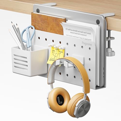 PEGZONE Desk Side Storage Organizer, No Drill Under Desk Laptop Holder, Clamp on Desks Shelf with Pegboard Accessories, Hanging Laptop Mount, Fits Flat Edge 0.4" to 2.2", White | No Drill Under Desk Laptop Holder, Clamp on Desks Shelf with Pegboard Access