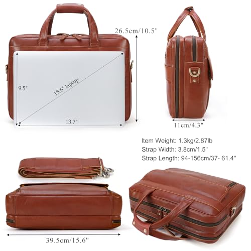 Masa Kawa Leather 15.6" & 17" Laptop Briefcase Men Business Messenger Bag | Full Grain Cowhide Business Travel Office Work Crossbody Shoulder Professional Attache Case for 2 Computers - color: Tan-fits 15.6" Laptop
