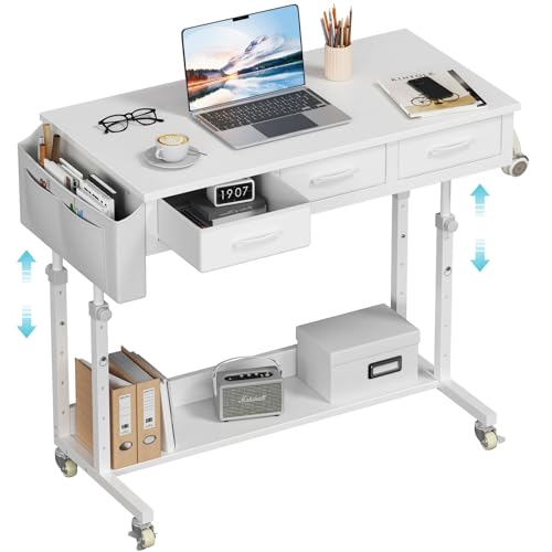 White Portable Rolling Computer Desk - 40 Inch Adjustable Mobile Standing Teacher Desks with 3 Fabric Drawers on Wheels, Couch Sofa Side Laptop Stand Up Table with Storage for Home Office, White - color: White, size: 39.5"