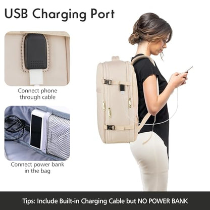Large Travel Backpack Women, Flight Approved Carry On Backpack, Water Resistant Anti-Theft Large Casual Daypack Fit 17 Inch Laptop with USB Charging Port, Beige - color: Beige, size: 17.3 inch