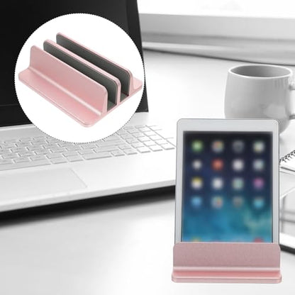 BESTYASH Adjustable Aluminum Alloy Vertical Laptop Stand with Dual Storage Slots, Space-Saving Laptop and Tablet Holder for Desk Organization, Rose Gold Desktop Rack for Home and Office Use