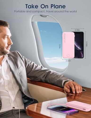 Nusyddy Portable Charger 10000mAh Fast Charging w/Built-in Wall Plug Pink | PD20W Fast Charging, LED Indicator, Pass Through Charging, TSA Approved, Compact/Slim, Power Bank for iPhone/iPad/Samsung - color: Pink
