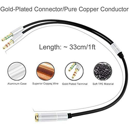 3.5mm Headphone Splitter Adapter Female to 2X 3.5 mm Male Converter Cable Headphone Mic Audio Y Splitter Cable Smartphone Headset to PC Adapter –for Microphone with 4 Pin (Silver) - color: Silver