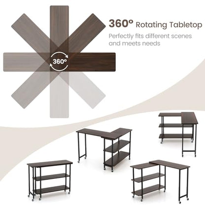 Giantex 360° Free Rotating Sofa Side Table, Mobile L-Shaped Laptop Desk with Sturdy Metal Frame, 6 Universal Casters, Movable Couch Snack Table with 2-Tier Storage Shelf for Home (Walnut) - color: Walnut