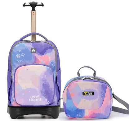 NEW TILAMI 18 Inch Rolling Backpack with Lunch Bag for Girls Boys School | 6-Wheel Stair-Climbing Girls Boys Carry-on Suitcase Water-Resistant Adjustable Trolley Handle Wheels School Travel Camping - color: Purple Sky