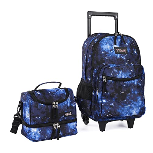 Tilami Rolling Backpack 18 inch Double Handle with Lunch Bag Wheeled Kids Backpack for Girls and Boys, Galaxy Blue - color: Galaxy Blue