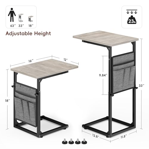 Vagusicc C Shaped End Table, 33" Tall Side Table for Couch, Adjustable Height Small Couch Side Table, Laptop Sofa Tables Slide Under Recliner Tables TV Tray Arm Tables for Living Room, Bedroom, Grey