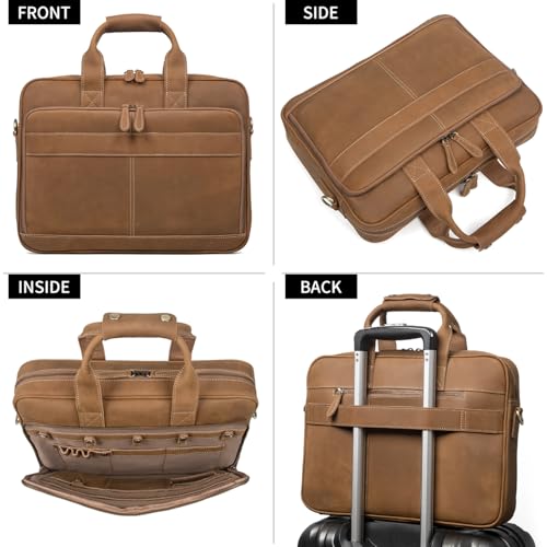 Augus Leather Briefcase for Men, 16 Inch, Full-Grain Leather, YKK Zipper - color: Light Brown
