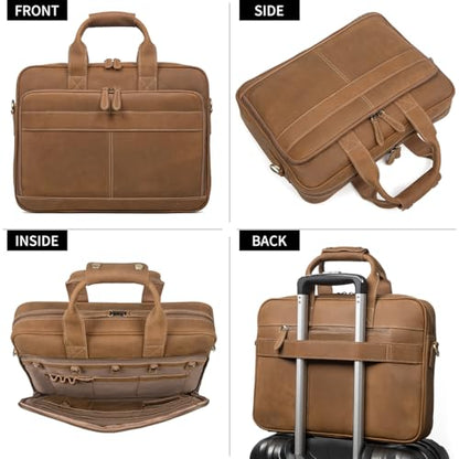 Augus Leather Briefcase for Men, 16 Inch, Full-Grain Leather, YKK Zipper - color: Light Brown