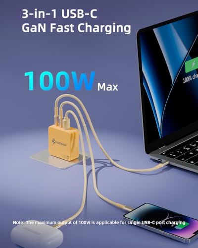 100W USB C Charger Block, 3 Port GaN Foldable Wall Fast Charger | for MacBook Pro, MacBook Air, Dell XPS, iPhone 17 16 Series, Samsung Galaxy, iPad Pro and All USB-C Devices - color: Yellow