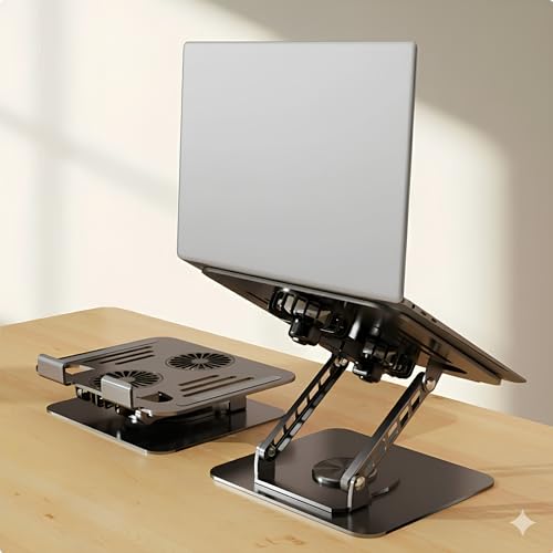 Cooling Stand with Dual Turbo Fans for 12-15.6 inch Laptops, Adjustable Height & 360° Rotating, Aluminum Notebook Riser – Upgrade from Single Fan Version (Space Silver)