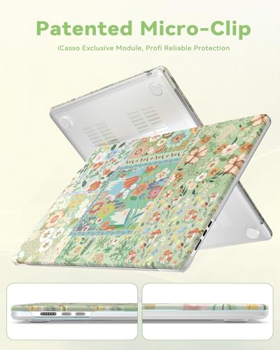 iCasso Compatible with MacBook Air 15 inch Case 2026 2025 2024 2023 Release M4 A3241 M3 A3114 M2 A2941, Slim Anti-Scratch Protective Plastic Hard Shell Case+Keyboard Cover for Mac Air 15,Green Flower - color: Green Patchwork Floral