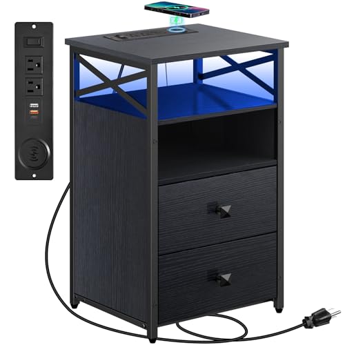 Livofloral LED Nightstands with Wireless Charging Station, Side Table with 2 Wood Drawers, Charging End Tables Living Room with USB and Outlets, Bedside Table for Bedroom, Black - color: Black, size: 1 Pack Nightstand with Wireless