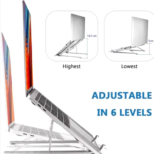 Adjustable Aluminium Laptop Stand for Desk, Ergonomic Foldable Portable Notebook Holder, Compatible with MacBook Pro/Air, Dell, HP, Asus, Lenovo, 10-15.6" Laptops (Silver)