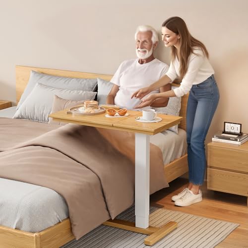 IUNVR Solid Wood Overbed Bedside Table with Hidden Casters, Adjustable Hospital Bed Table Rolling Laptop Desk with Split Dual Desktop & Pneumatic Gas Spring Lift for Hospital, Home Use (Natural)