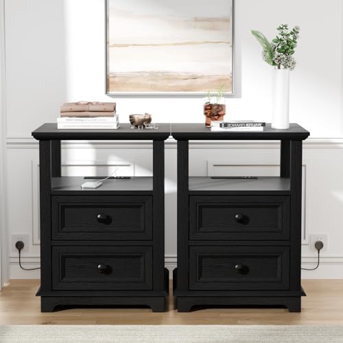 End Table with Fast Charging Station Set of 2, 18" Wide Sofa Side Table with Drawers, Large Storage Rustic Wood Square Storage Cabinet for Living Room - color: Black, size: 1 Set